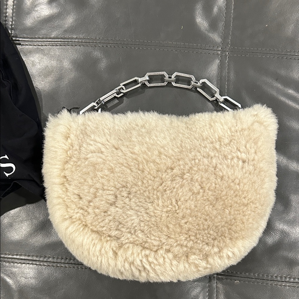 AllSaints Cream Shearling Half-Moon Shoulder Bag with Silver Chain